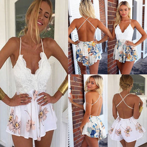 Girl V Neck Sexy Female Playsuit Bodycon Floral Playsuit Shorts Jumpsuit Romper Bodysuit 2018 Backless Sleeveless Streetwear