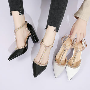 2022 Summer Shoes High Heels T Strap Rivet Pumps chunky Heels Sandal Patent Leather Dress Shoes White wedding shoes Ladies 7579