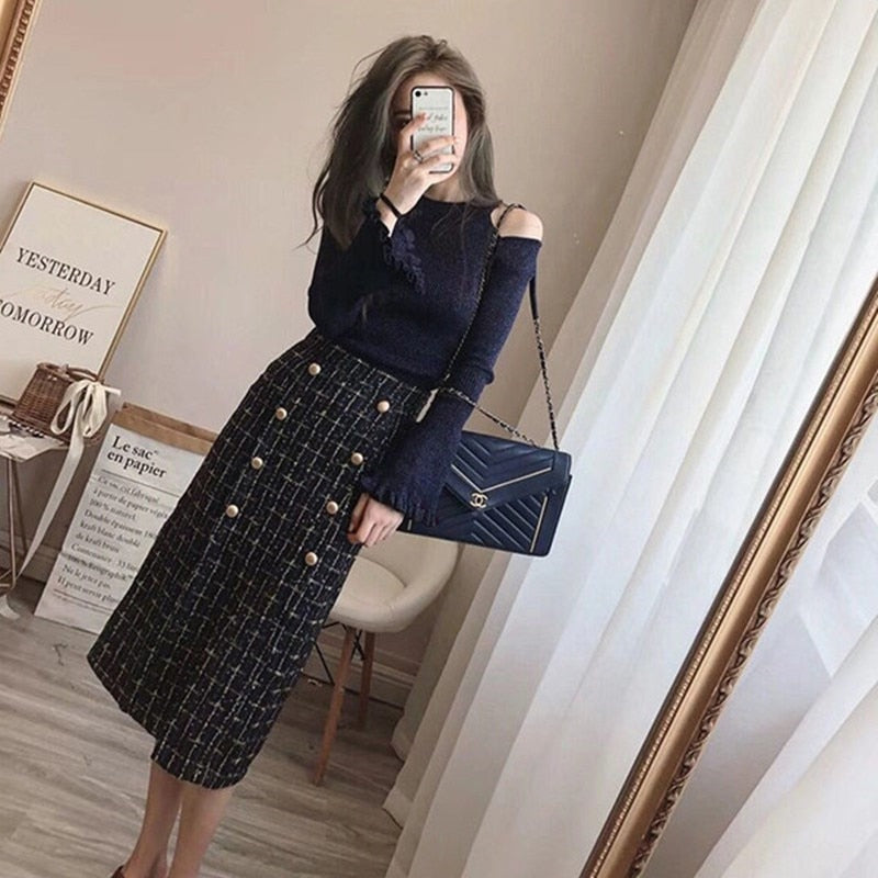 Luxury Designer Flare Sleeve Knit Sweater 2020 Autumn Winter Elegant Women Double-breasted Tweed two piece Skirt set