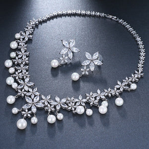 Pearl Jewelry Sets White CZ Earrings/Pendant Necklace