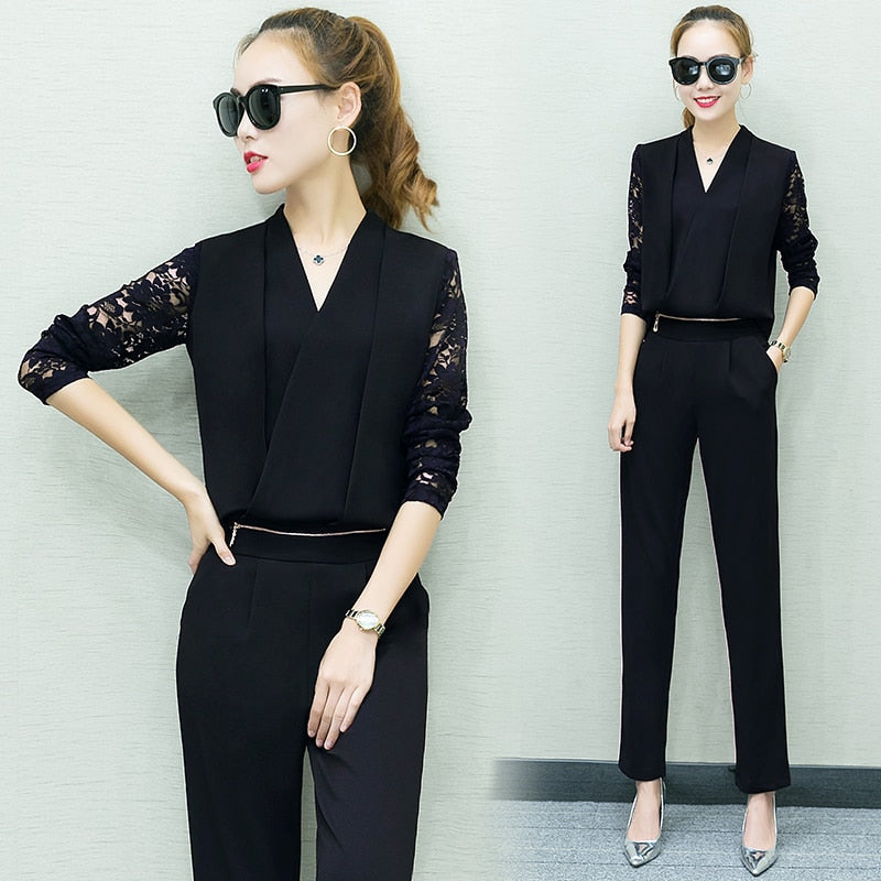 Long Sleeve Lace Patchwork Tops+Trousers