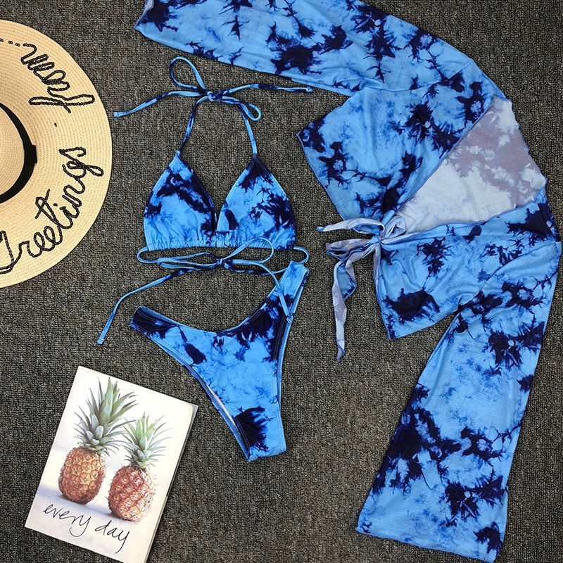 Tie-dye print 3 piece swimsuit Long sleeve swimwear