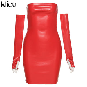 Faux PU Leather With Gloves Party Dress Women Backless Sexy Hot Clubwear Skinny Slim Solid Fashion Bodycon Mini Dresses
