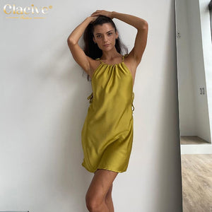 Clacive Sexy Spaghetti Strap Lace-Up Short Dresses Bodycon Backless Sleeveless Women'S Summer Sundresses Party Club Satin Dress
