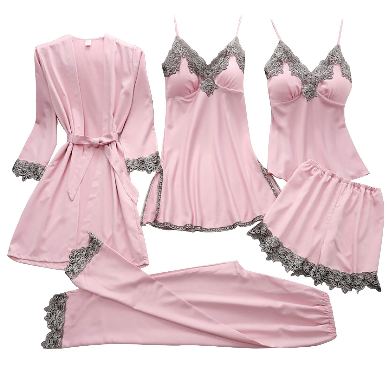 Sexy Women Robe Gown Sets Lace Bathrobe Night Dress 5 Pieces Sleepwear Female Nightwear Faux Silk Robe Femme Lingerie #T1G
