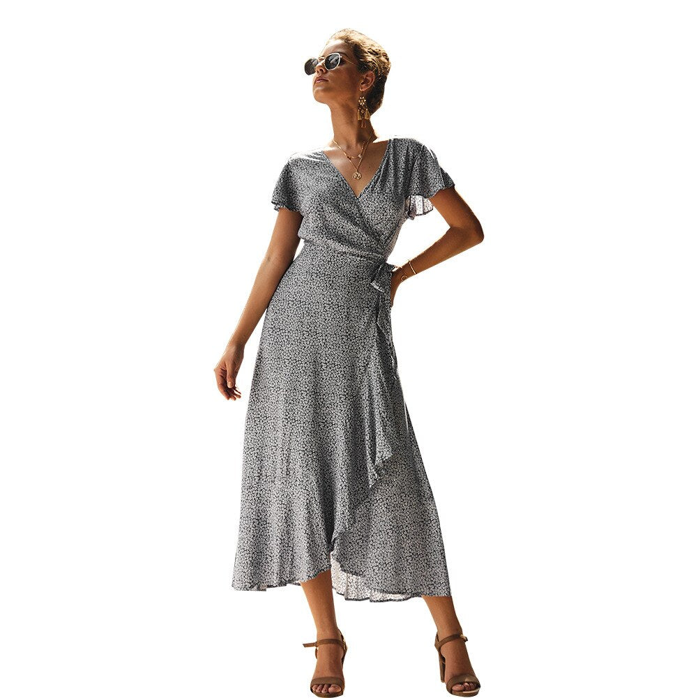 Floral Print Dress Women Short Sleeve Vestido Summer Lace Up Split Sexy Long Dress Leisure Vacation Bohemian Dress Party Clothes