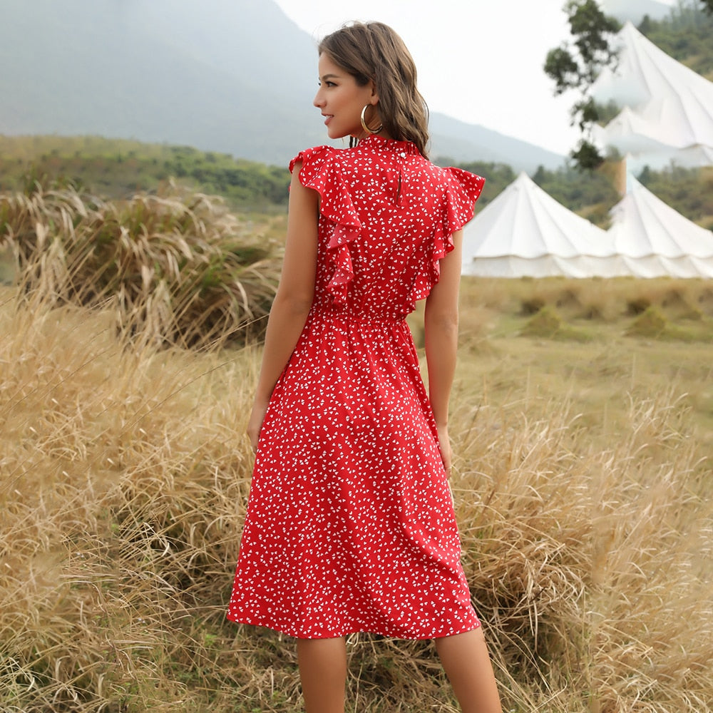 Chiffon Dress Women Elegant Summer Floral Print Ruffle A-line Sundress Casual Fitted Clothes To Knees 2020 Red Dresses For Women