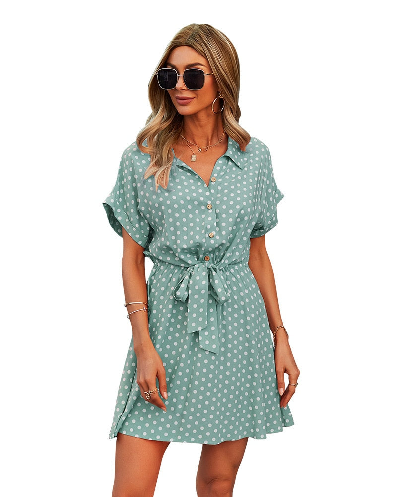 Beach Summer Shirt Dress Polka Dot Vintage High Waist Mini Casual Women Dresses Loose Short Sleeve Single-Breasted Slim Robe