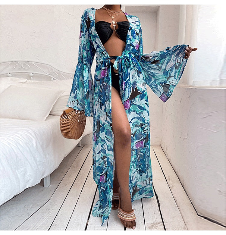 Boho Print Flare Sleeve Self Belt Kimono Dress Beach Wear Swim Suit Co Global Fashions GC Boho Print Flare Sleeve Self Belt Kimono Dress Beach Wear Swim Suit Co Global Fashions GC