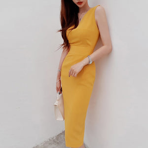 Brief Style Women Yellow V-neck with Slit Sleeveless Bodycon Formal Office Lady Work Dress Club Summer
