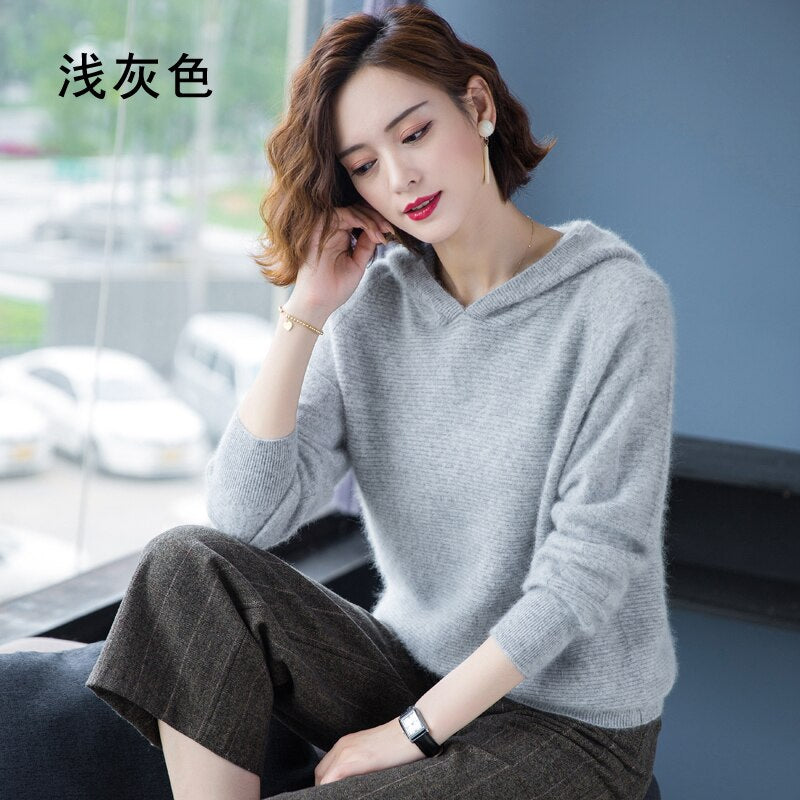 New mink sweater women&#39;s pure color knitted pullover full sleeves hooded cashmere sweater fashion all-match Home style multicolo