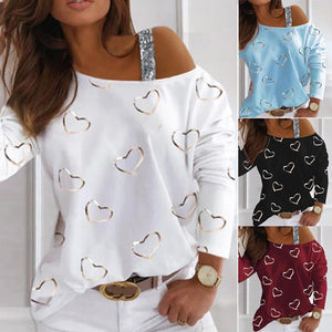 Autumn Winter Women Sequined Print Shirts Sexy Fashion Loose Off Shoulder Casual Round Neck Long Sleeve Top Streewear