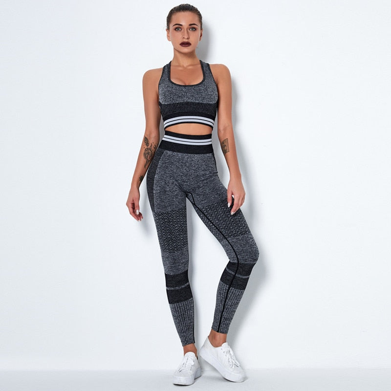 Stripe Seamless Yoga Leggings Sport Bra GYM Sport Suit