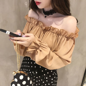 Ruffles Spring Flare Sleeve Solid Off Shoulder Blouses