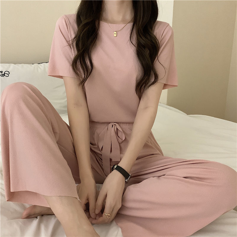 Summer Suit for Women French Solid Color Ice Silk Sleepwear Pajamas Two Piece Set Home Wear Nightwear Comfortable Pyjamas