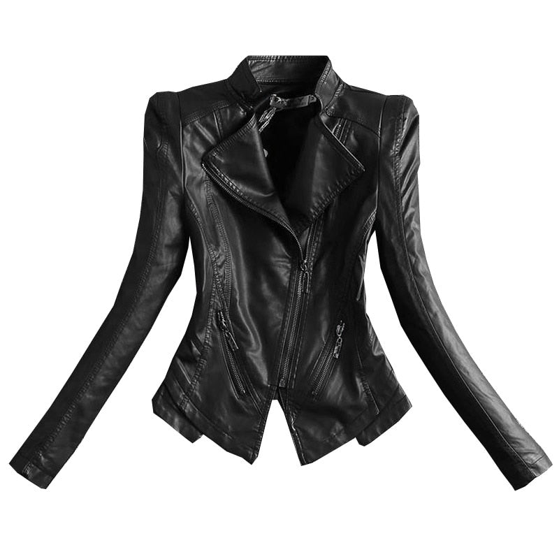 2022 New Women&#39;s Jacket Fashion Black Motorcycle Leather Jacket Women Zippers Basic Coat Biker Leather Coat 4XL C-2