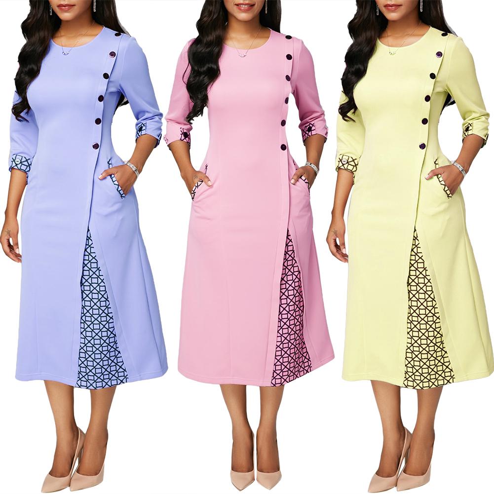Hot apparel Loose Dresses Party Women Autumn Geometric Patchwork 3/4 Sleeve Midi Swing Dress