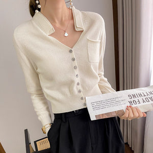 Pure Wool Cashmere Sweater Knitted POLO Collar Cardigan