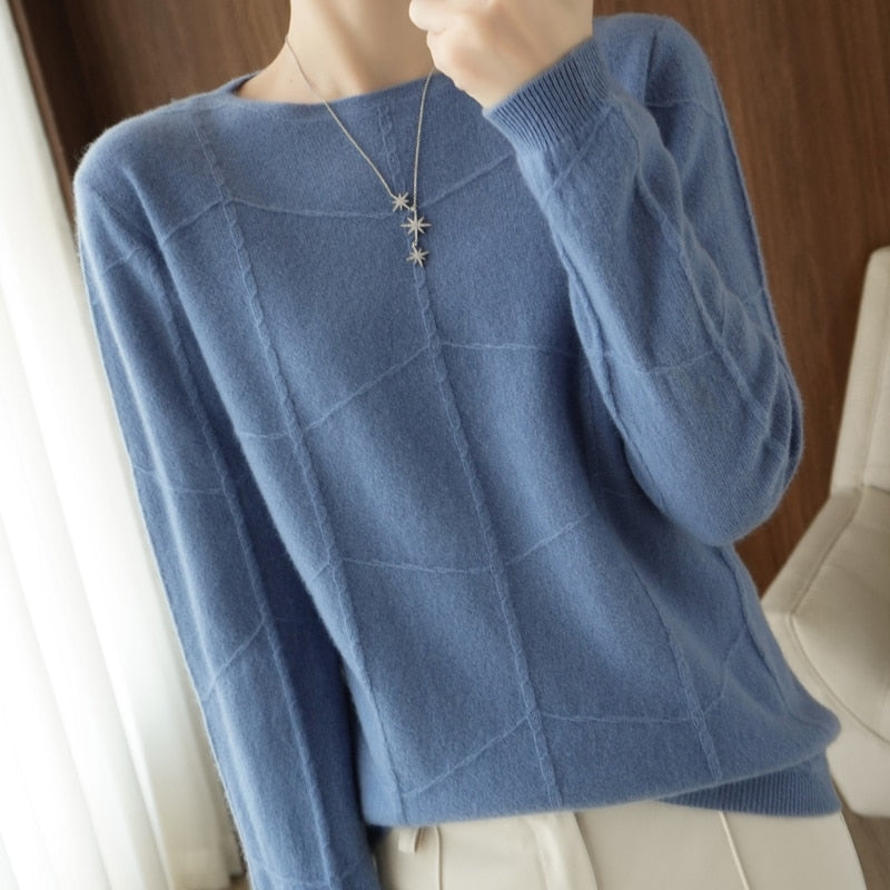 Autumn Winter New Ladies O-neck Long-Sleeved Knitted Pullover Cashmere Wool Checkered Pattern Sweater Casual Slim Bottoming