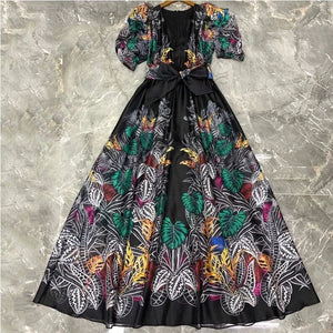 V-neck Puff Sleeve Leaf Printed  Lace Up Bow Backless Party Dresses
