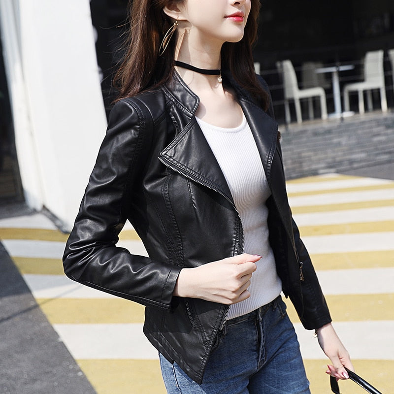 2022 New Women&#39;s Jacket Fashion Black Motorcycle Leather Jacket Women Zippers Basic Coat Biker Leather Coat 4XL C-2