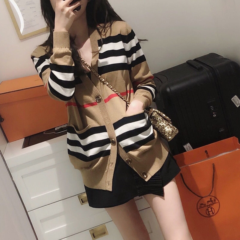 Mid-Length Knitted Loose Striped Jacket