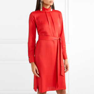 Stand Collar Solid Long Sleeve Collected Waisted Midi Dress