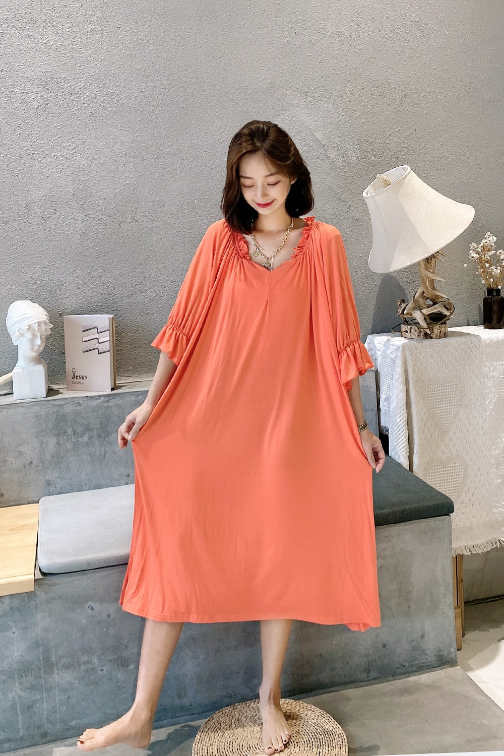 Plus size night shirt women nightgown modal loose nightdress women's nightwear dress v-neck casual home clothes outside wear Plu