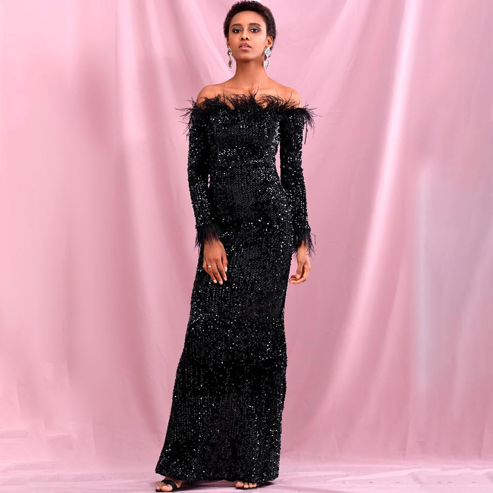 Sexy Black Collar Long Sleeve Feather Decoration Elastic Velvet Sequin Bodycon Party Maxi Dress