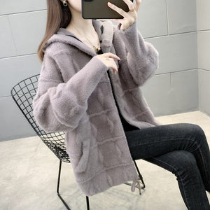 Thick Plush Hooded Knitted Jacket With Zipper