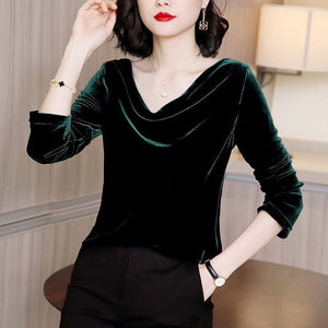 Pleated Collar Velour Long Sleeve Blouse