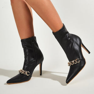 Black Ankle Zipper Short Boots Chain Thin High Heels