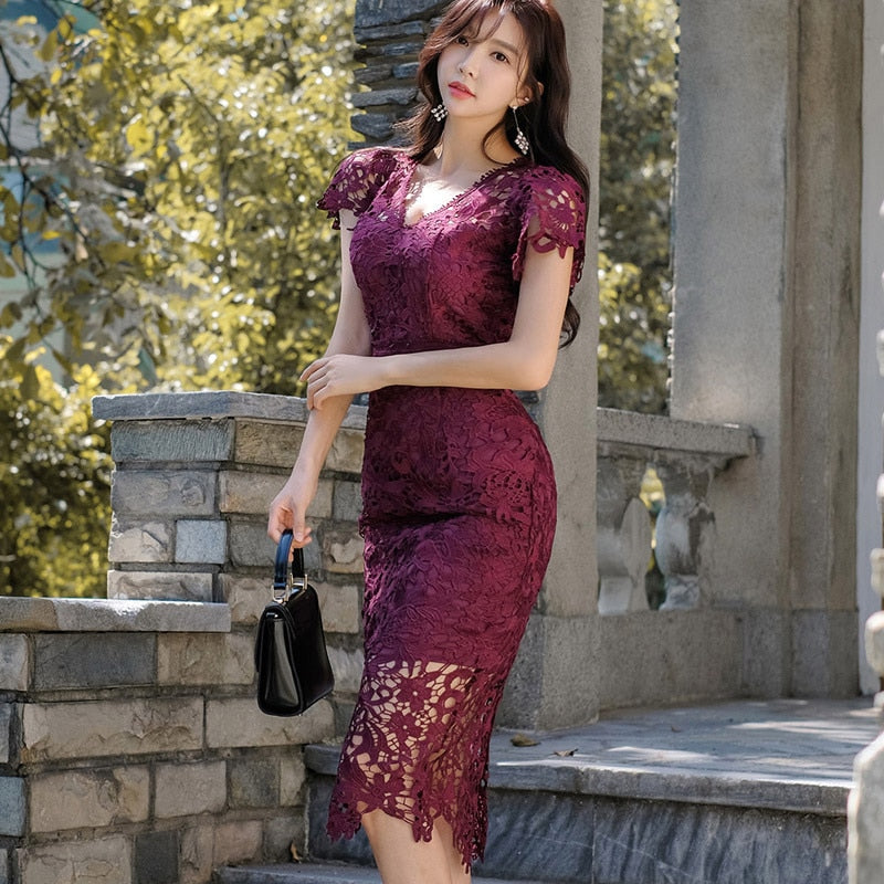 Fashion women new arrival casual temperamental v-neck formal dress comfortable high quality lace perspective sexy pencil dress
