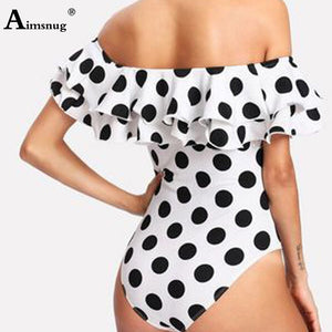 Plus Size Women One Piece Swimsuit Off Shoulder Swimwear Onesie Bathing Suit 2021 Fashion Dot One-piece Model Ruffled Beachwear