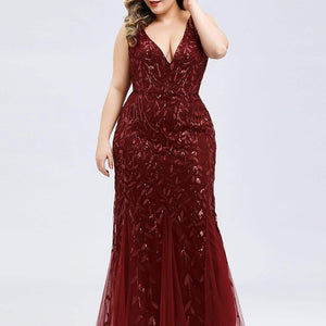 Plus Size Sleeveless Cocktail Dress V Neck  Back Mermaid Party Prom Gowns Tulle Sequins Full estidoes Women