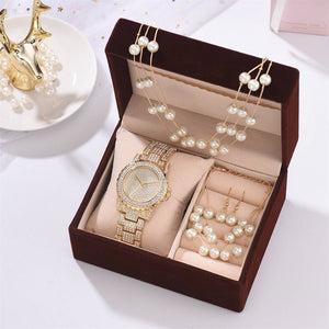 Pearl Bracelet Earrings Necklace Diamond Rhinestone Quartz Watc
