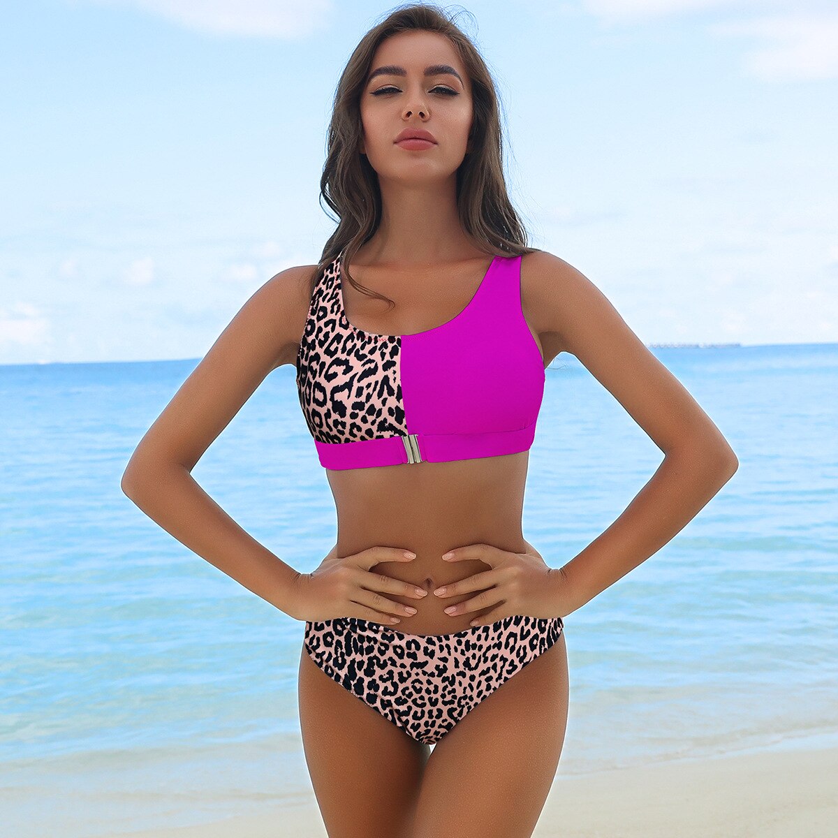 Red and Leopard Patchwork Mid-Waist Bikini Sets Swimsuit Women Sexy Two Pieces Swimwear 2021 Beach Bathing Suits