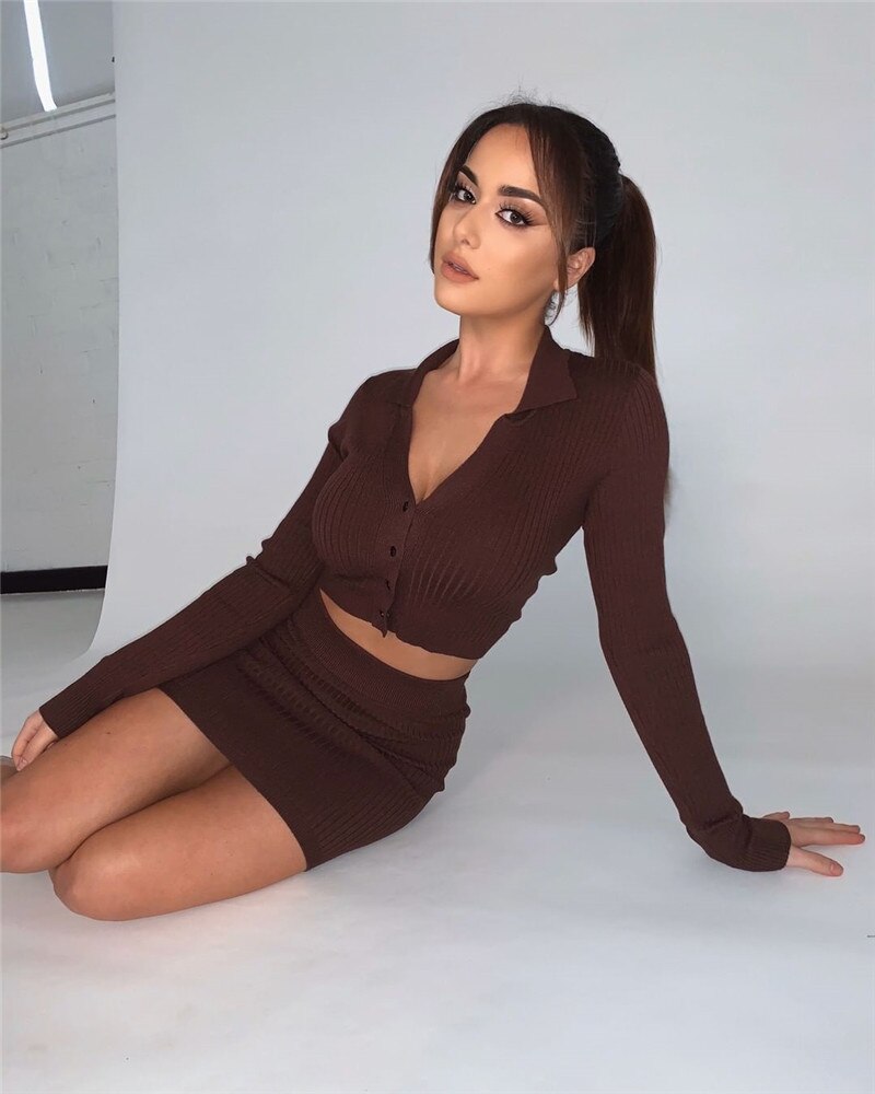 Sexy Two Piece Set 2020 Autumn Knitted Button Long Sleeve Crop Top+Mini Bodycon Skirts Set
