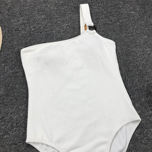 Black One Piece  Padded Ring Sexy Swimsuit Female One Shoulder Swimwear Women Bathing Suit