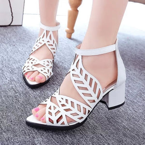 Hollow Rhinestone Fish Head Sandals Thick Heels