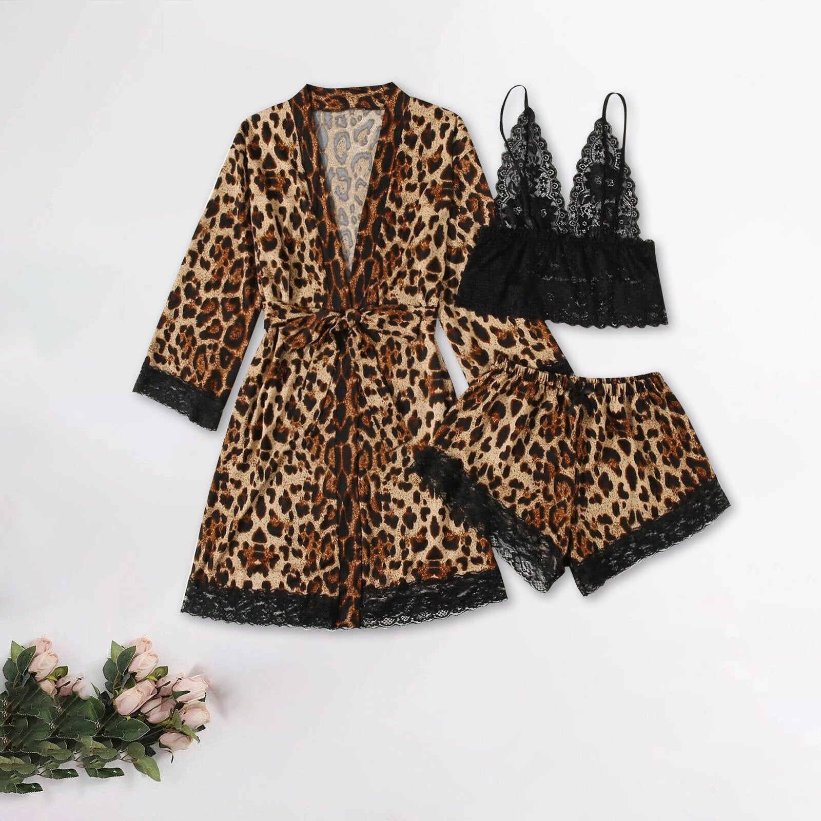 Sexy Women's Robe & Gown Sets Lace Bathrobe + Night Dress Pieces Sleepwear Womens Sleep Set Leopard Robe Femme Lingerie