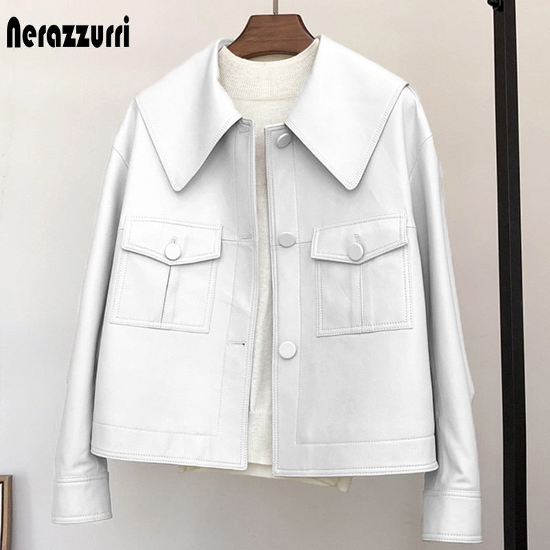 Nerazzurri Spring short light white leather jacket for women peter pan collar long sleeve Casual leather jackets for women 2021