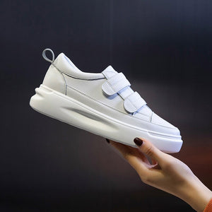 CXJYWMJL Genuine Leather Women Platform Sneakers Spring Hook & Loop Little White Shoes Ladies Thick Bottom Vulcanized Shoes