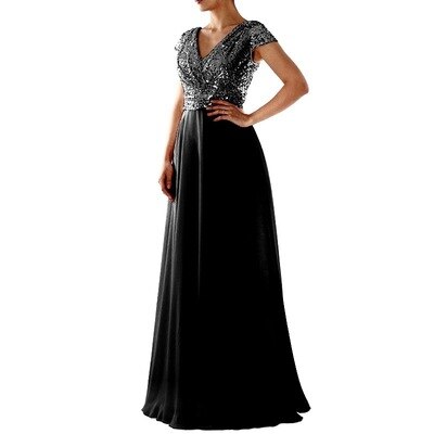 Evening Dress Long Chiffon Graduation Beige Black Purple Wedding Pary Prom Dresses Sequins Wholesale Girls V-Neck