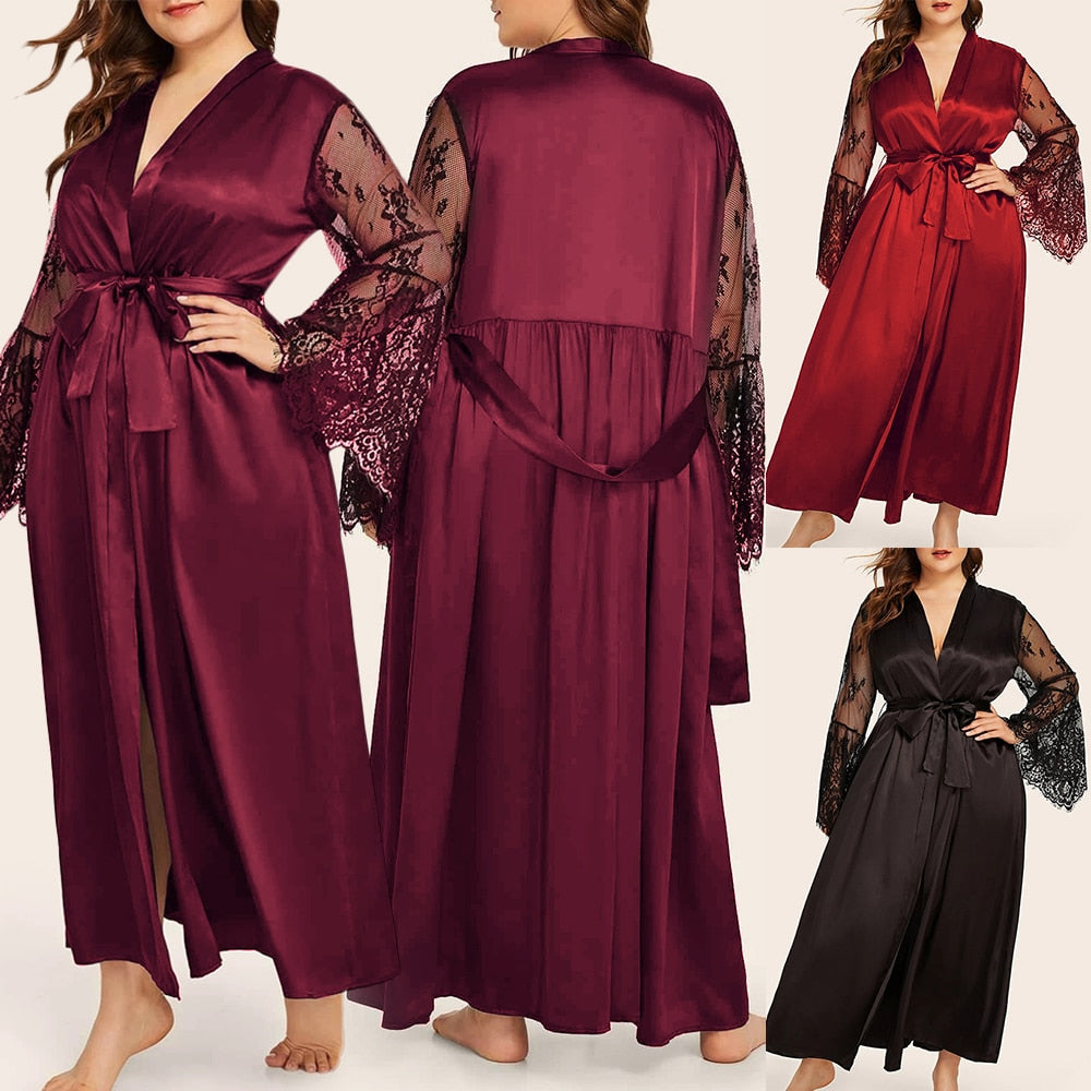Women Large Night Wear Robe Casual Transparent Kimono Intimate Sleepwear  Fashion Lace Patchwork Robe Long Sleeve 5XL