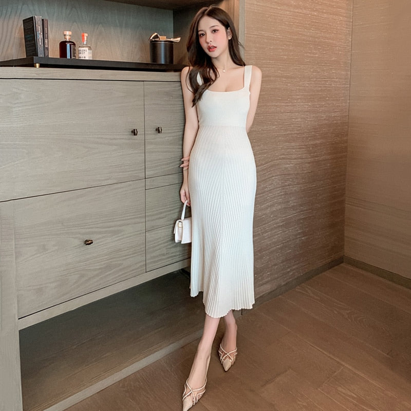 White Knitting Dress Summer 2021 Office Lady Elegant Spaghetti Strap Backless Long Dresses For Women Black Pink In Stock