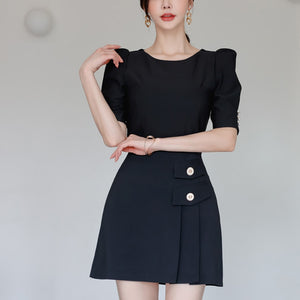 H Han Queen New 2 Pieces Set Women Summer O-Neck Black Shirts And High Waist A-Line Skirts Korean Slim Casual Office Lady Suit