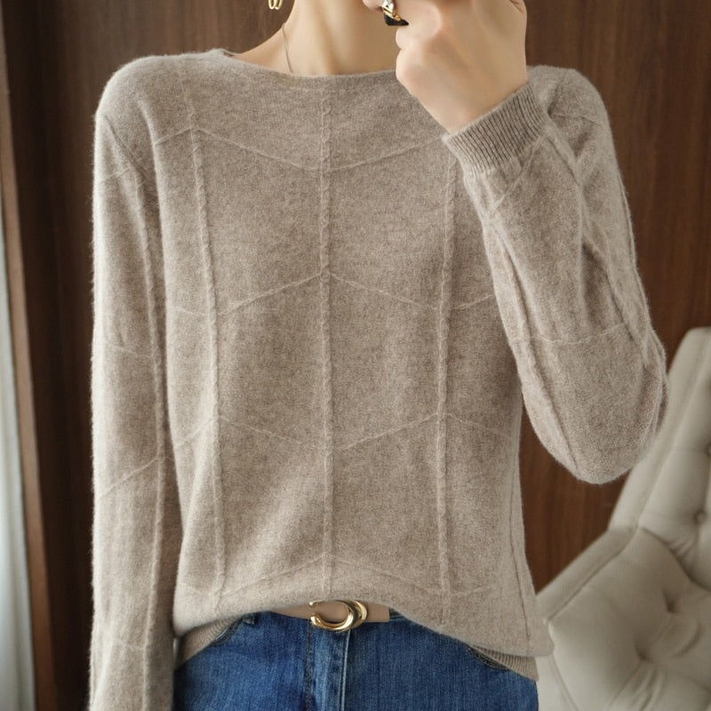 Autumn Winter New Ladies O-neck Long-Sleeved Knitted Pullover Cashmere Wool Checkered Pattern Sweater Casual Slim Bottoming