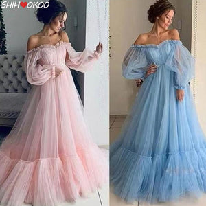 Pink Blue Prom Dresses Long Sleeve Off The Shoulder Gauze Princess Vestido 2021 Homecoming Ball Gown Formal Evening Party Robes