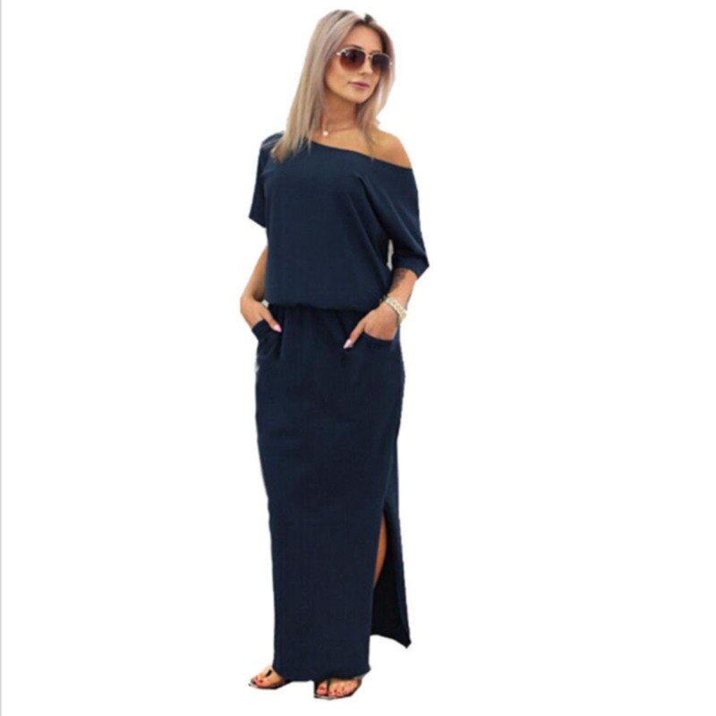 Women Boho Maxi Dress Sexy Summer Short Sleeve Side Slit Loose Evening Party Long Beach Dress with Pocket Vestidos 2021